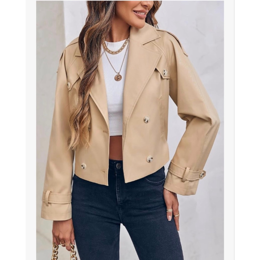 Beige Double-Breasted Cropped Trench Coat - Women - Picture 4 of 6